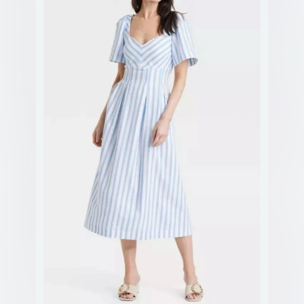 Short Sleeve Cotton striped Midi Dress Sweetheart neck Lt blue White Size 10 NEW